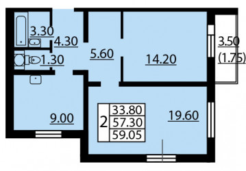 Двухкомнатная квартира 59.2 м²