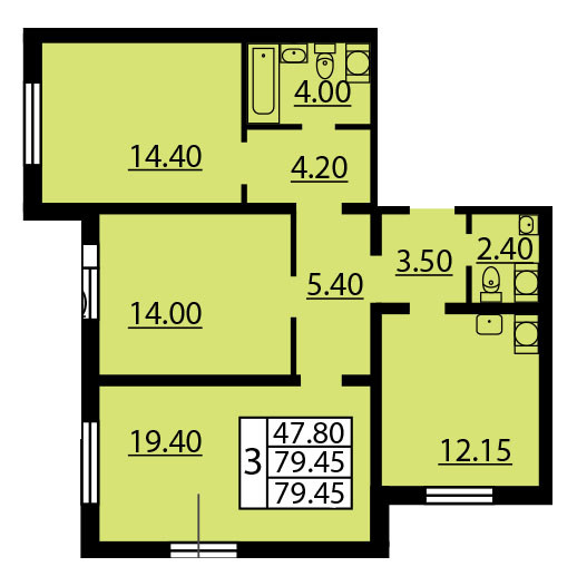 Трёхкомнатная квартира 79.45 м²