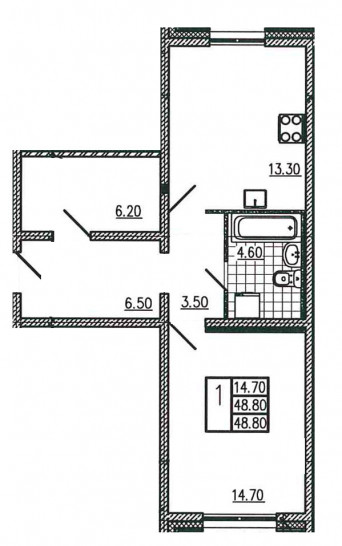 Однокомнатная квартира 48.2 м²