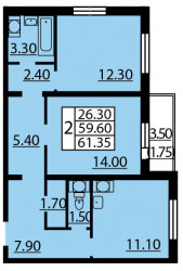 Двухкомнатная квартира 61.3 м²